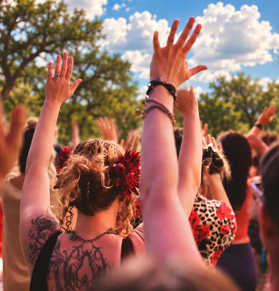 Women raising their hands to a blue summer sky