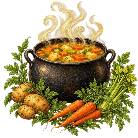 A steaming cauldron of soup with potatoes, carrots and celery