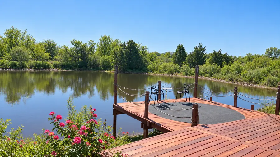 The pond deck and dock with two chairs and pink roses