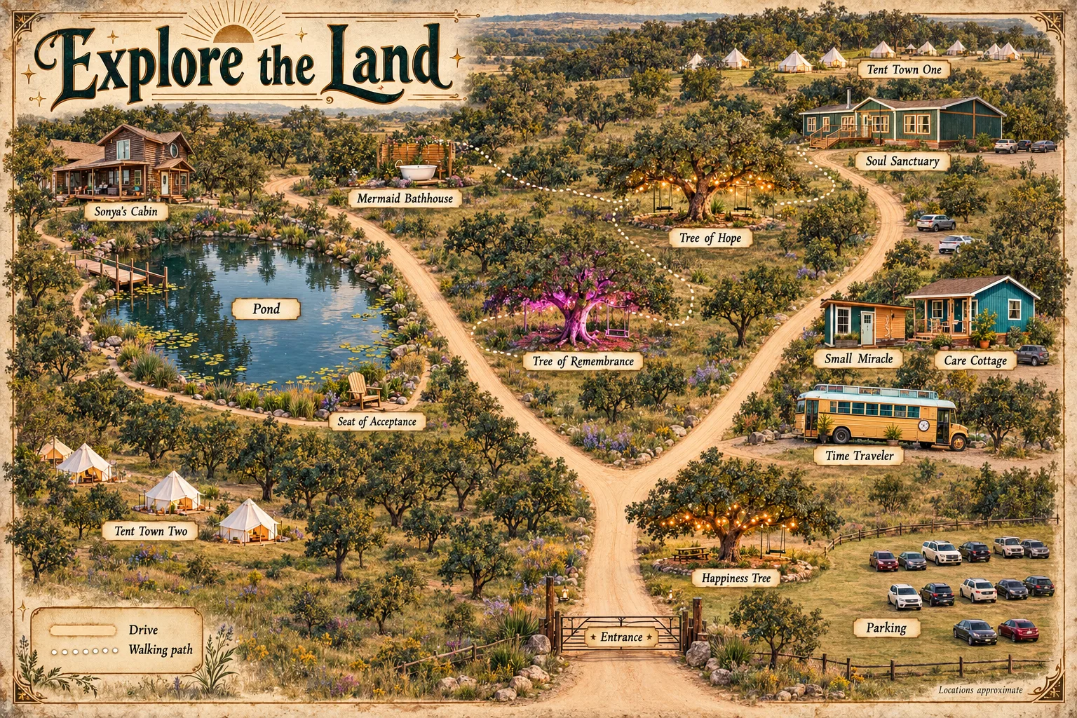 Illustrated map of the land: Sonya's Cabin, the pond, Mermaid Bathhouse, Seat of Acceptance, the sacred trees, Tent Towns One and Two, Soul Sanctuary, Small Miracle, Care Cottage, Time Traveler bus, Happiness Tree, parking and the entrance